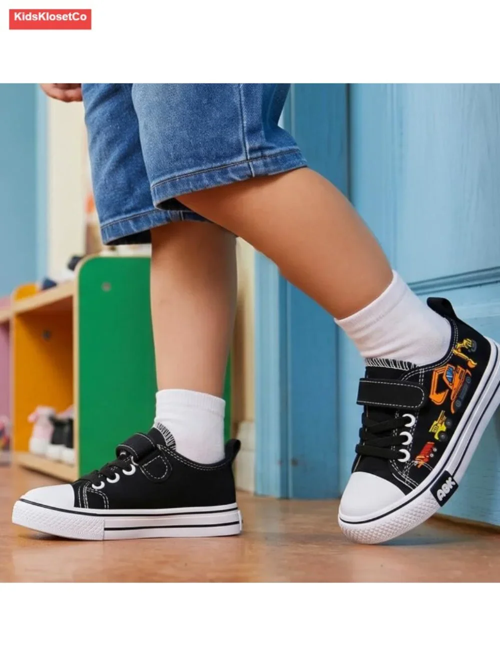Toddler Slip On Canvas Sneakers Dinosaur Print Hook & Loop Adjustable Strap